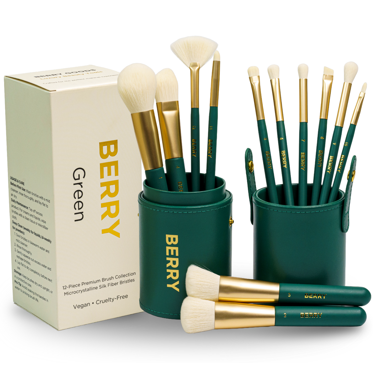 BERRY GOODS 12-piece vegan makeup brush set in green with travel case