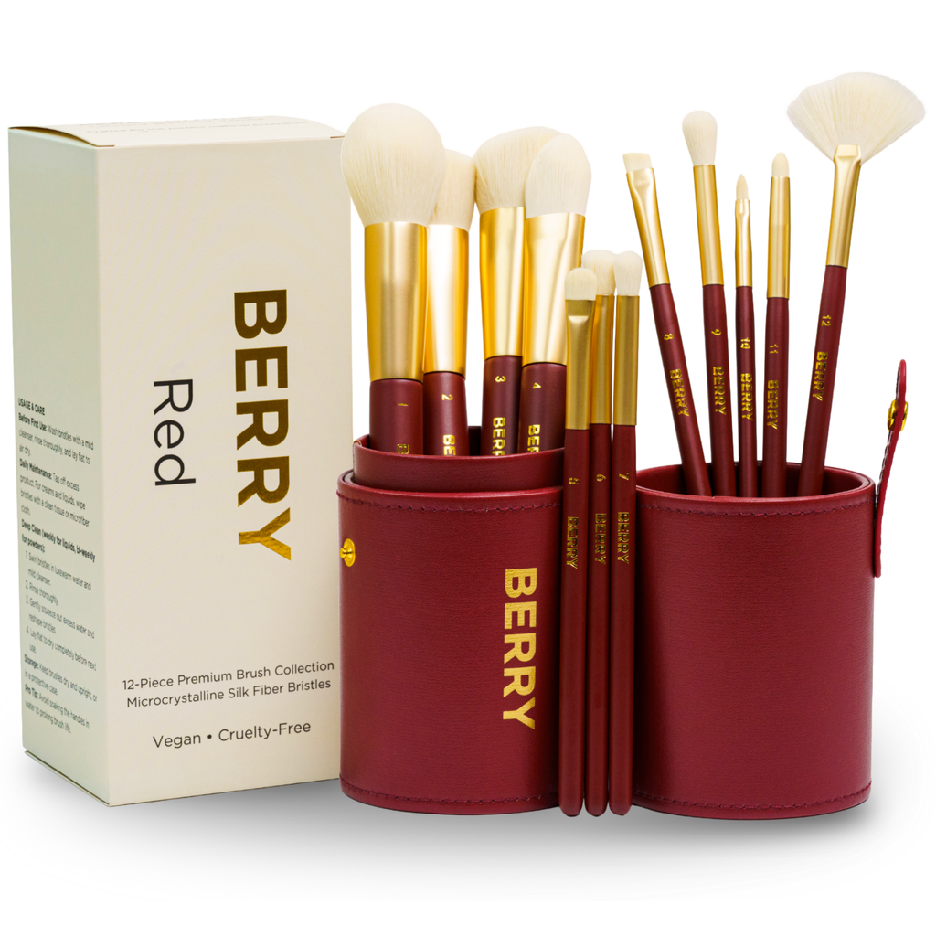 BERRY GOODS 12-piece vegan makeup brush set in red with travel case